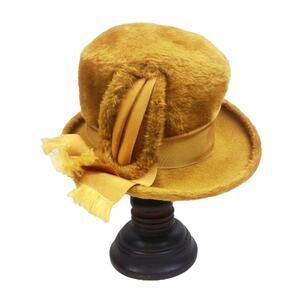 Chesterfield Original Faux Fur Yellow Mustard Floppy Bucket Hat Ribbon VTG 1960s